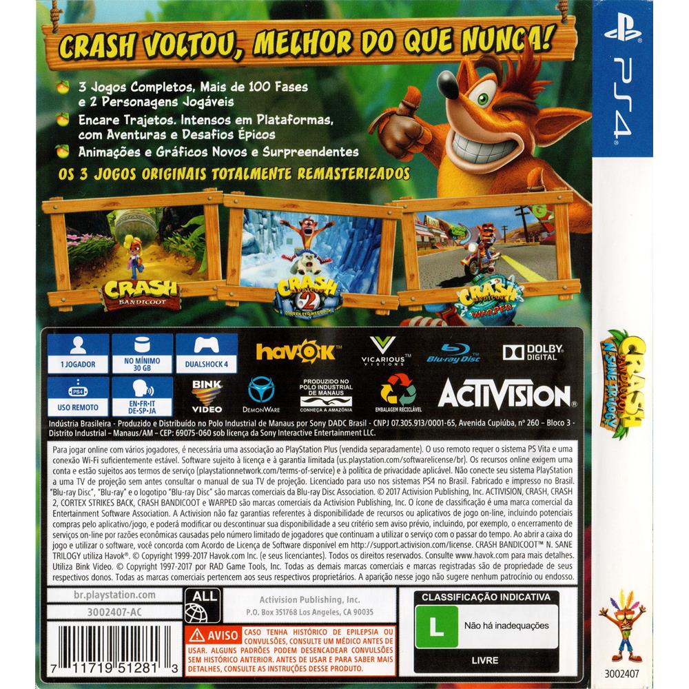 Jogo Crash Bandicoot N'sane Trilogy - PS4 (Usado) - Bragames