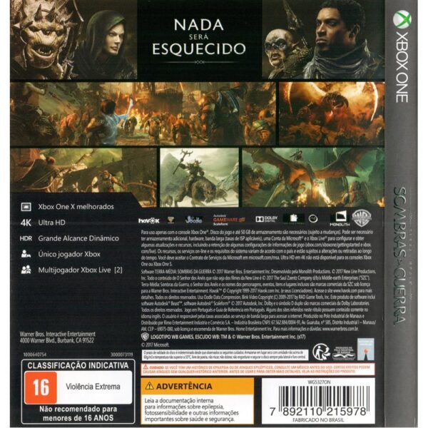 Terra Media Sombras Da Guerra Xbox One (Jogo Mídia Física)