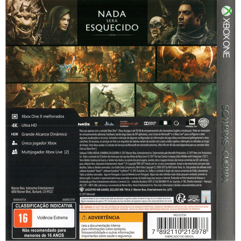 Terra Media Sombras Da Guerra Xbox One (Jogo Mídia Física) (Seminovo) -  Arena Games - Loja Geek