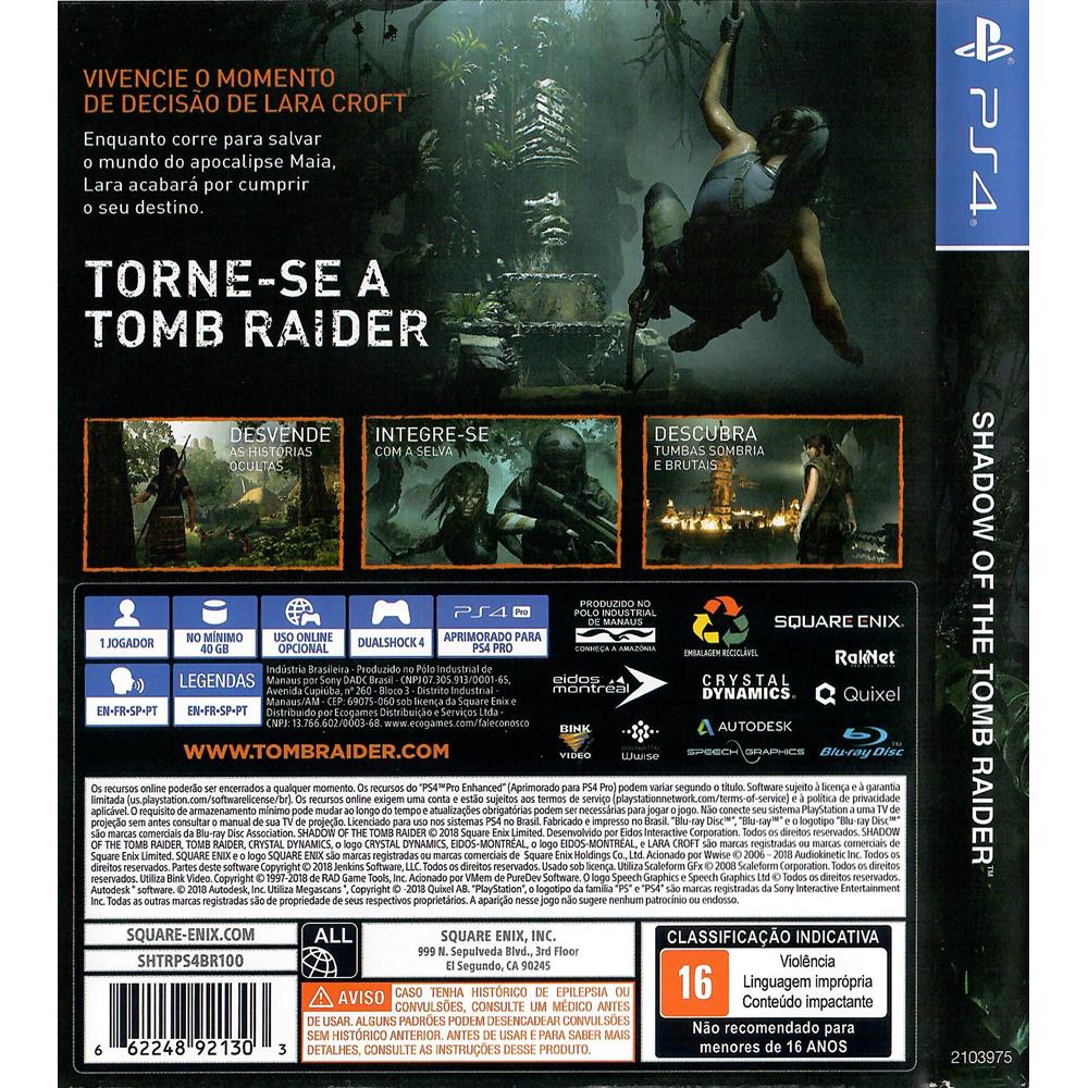 Shadow Of The Tomb Raider Ps4 (Seminovo) (Jogo Mídia Física) - Arena Games  - Loja Geek