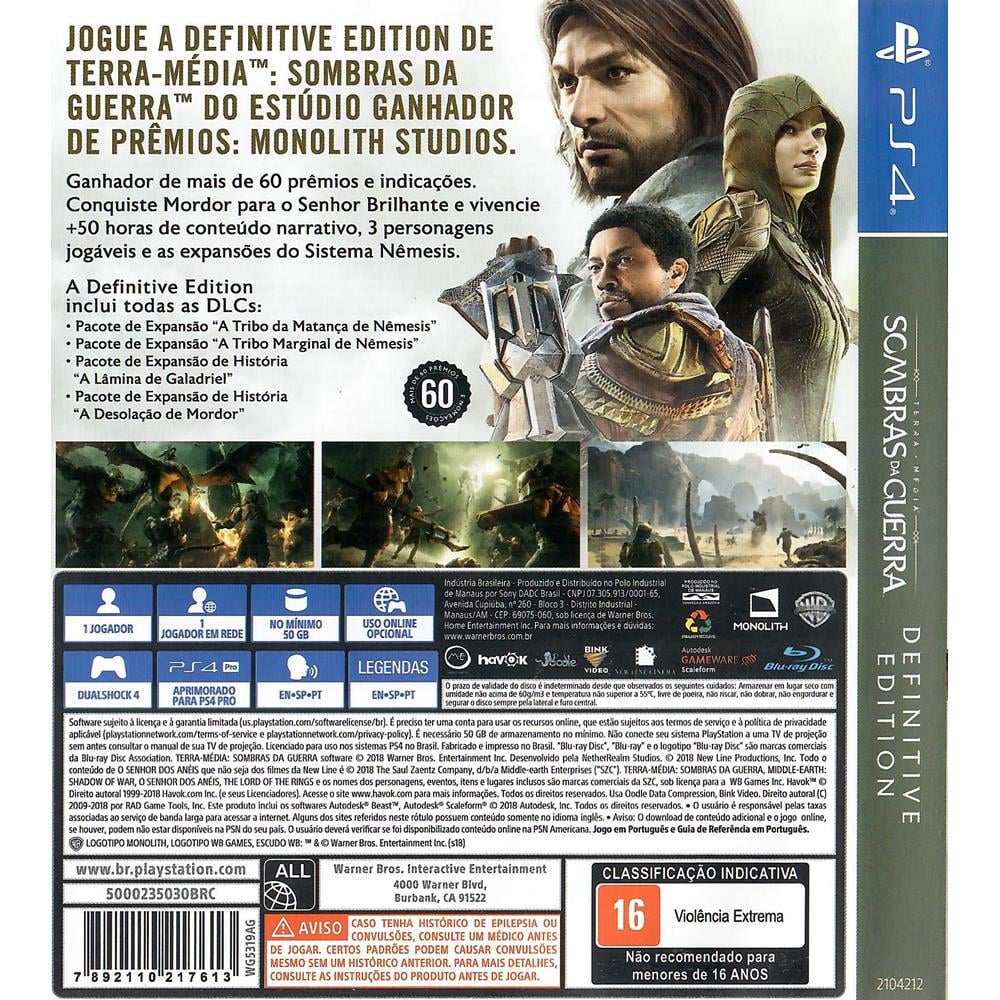 Jogo Xbox One Sombras Da Guerra Ed. Limitada + Mapa + Dlc