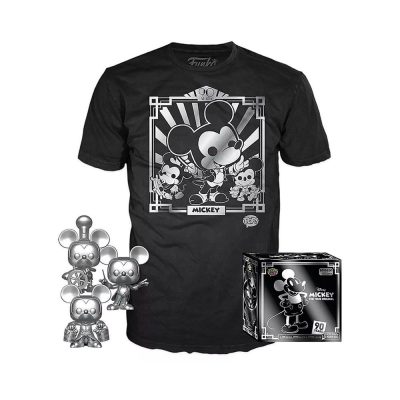 Funko Tees Mickey 90 Years (Pop Silver 3-Pack + Camiseta Gg) (Steamboat Willie, Apprentice, Conductor)