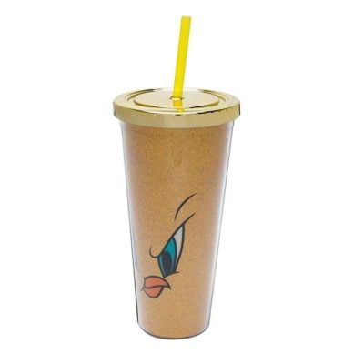 Copo Canudo Plastico Giant Glitter Wb Hb Angry Tweety Amarelo (Novo)