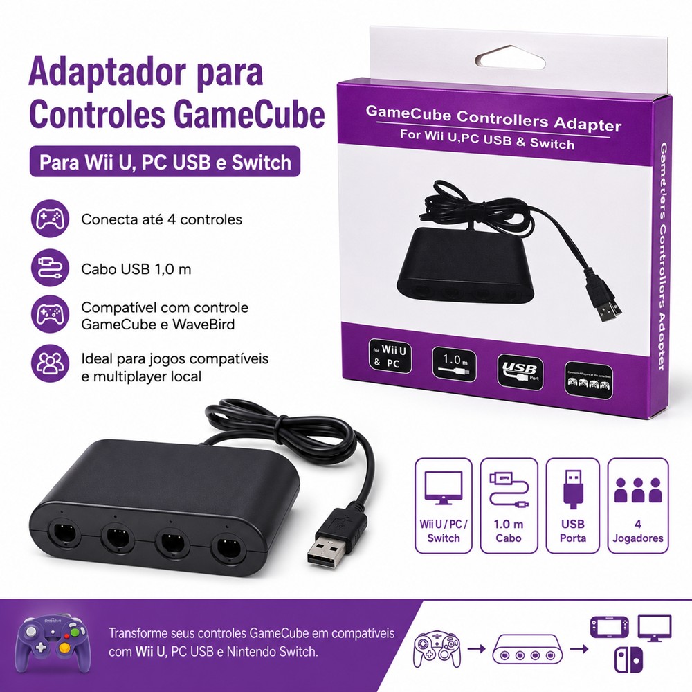 Adaptador Controle Gamecube Para Nintendo Switch, Wii U E Pc Usb – 4 Portas Adaptador Controle Gamecube Para Nintendo Switch, Wii U E Pc Usb – 4 Portas