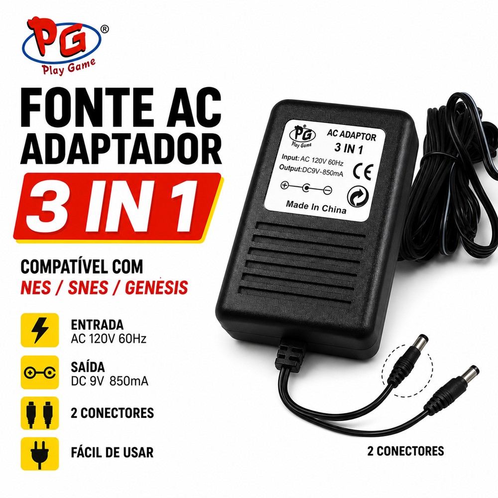 Fonte Ac Adaptador 3 Em 1 Para Nes, Snes E Genesis – Dc 9V 850Ma Fonte Ac Adaptador 3 Em 1 Para Nes, Snes E Genesis – Dc 9V 850Ma