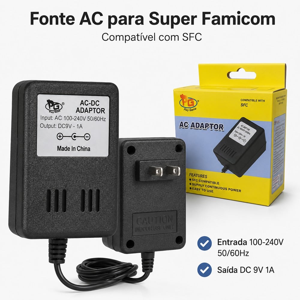 Fonte Ac Para Super Famicom Sfc – Adaptador Bivolt Dc 9V 1A