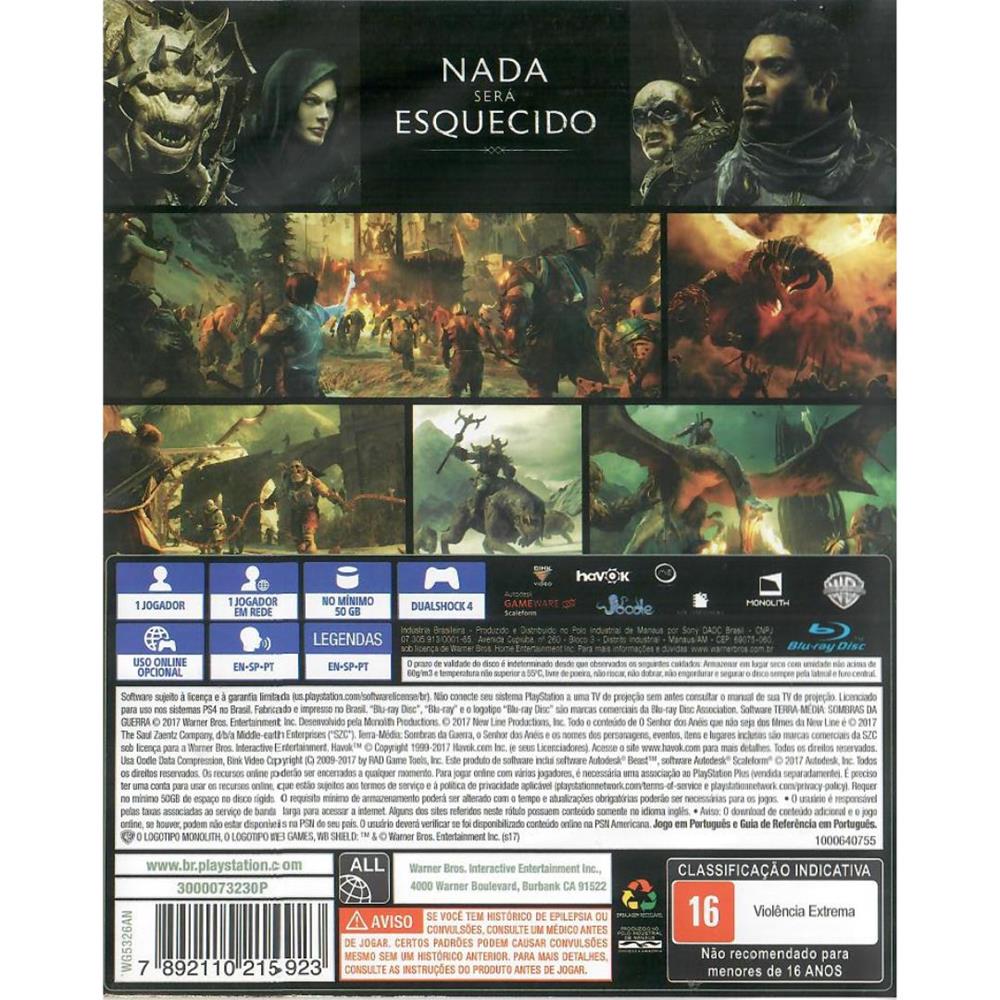Sombras Da Guerra - Ps4 (Seminovo)